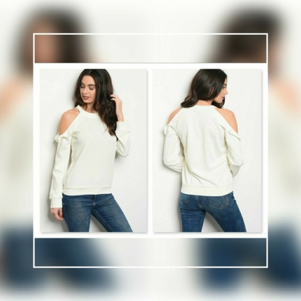 Honey Punch Ivory Ruffle Cold Shoulder Top